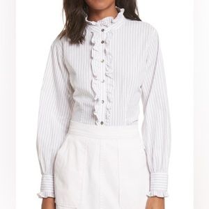 La Vie Rebecca Taylor Gigi pink black and white striped ruffle button up top